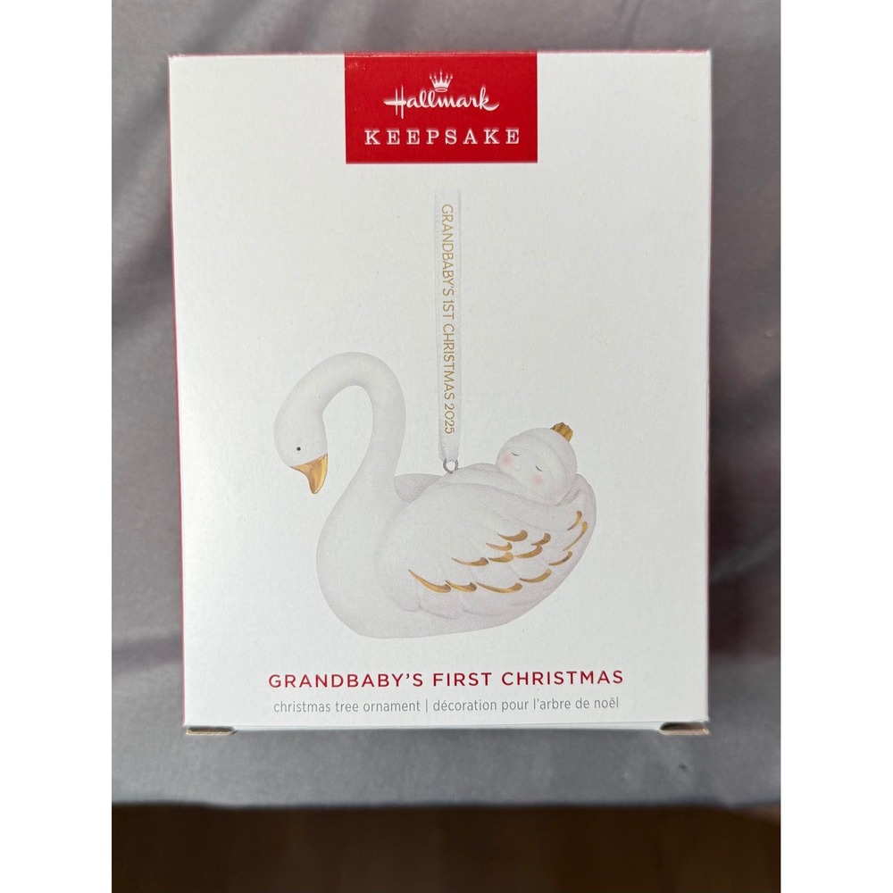 NIB Hallmark 2025 Grandbaby's 1st Christmas Swan Porcelain Ornament Gold